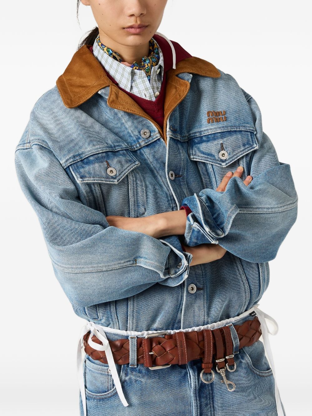 Miu Miu Women Denim And Leather Blouson Jacket MIU MIU