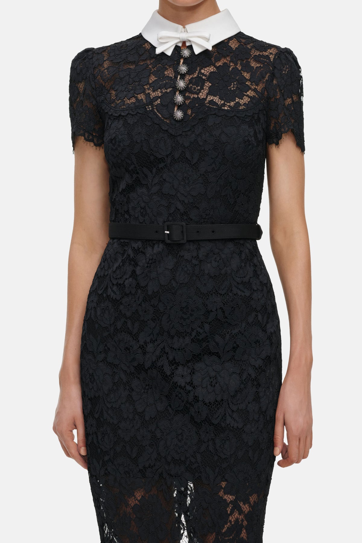Self-Portrait Women Black Lace Contrast Collar Midi Dress SELF-PORTRAIT