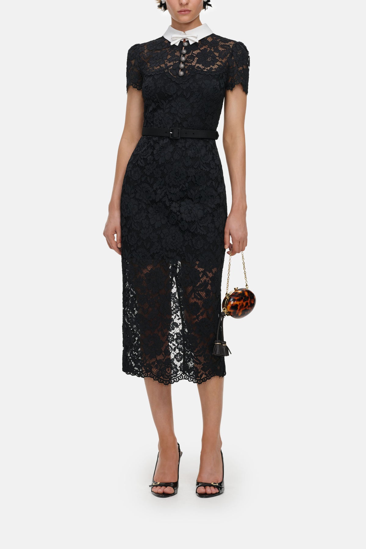 Self-Portrait Women Black Lace Contrast Collar Midi Dress SELF-PORTRAIT