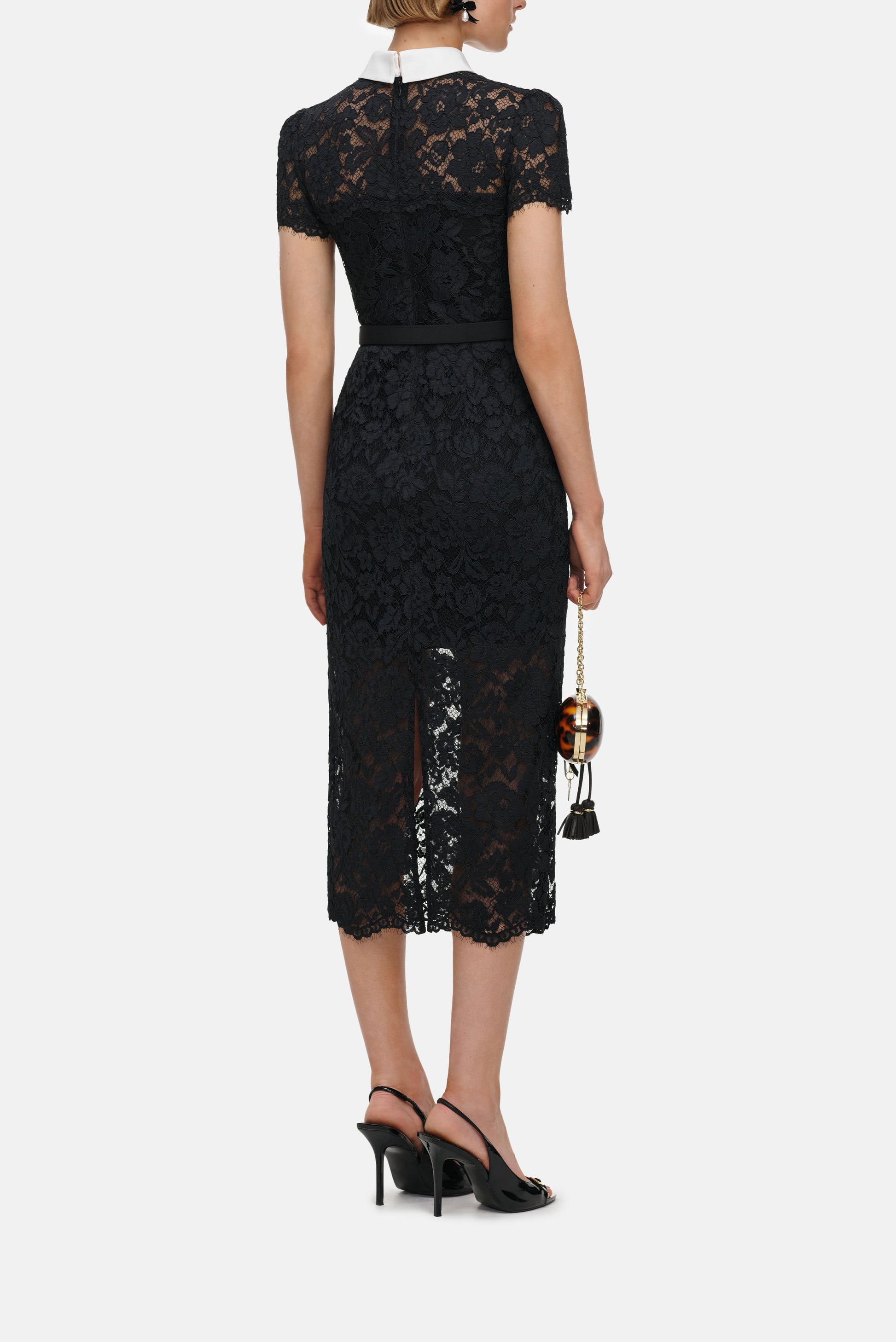Self-Portrait Women Black Lace Contrast Collar Midi Dress SELF-PORTRAIT