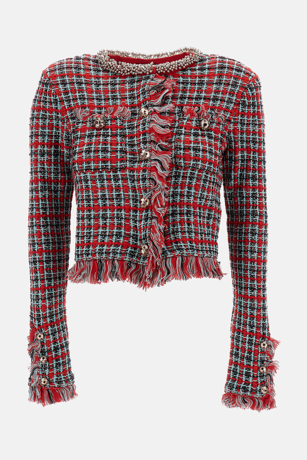 Self-Portrait Women Red Check Frayed Knit Jacket SELF-PORTRAIT
