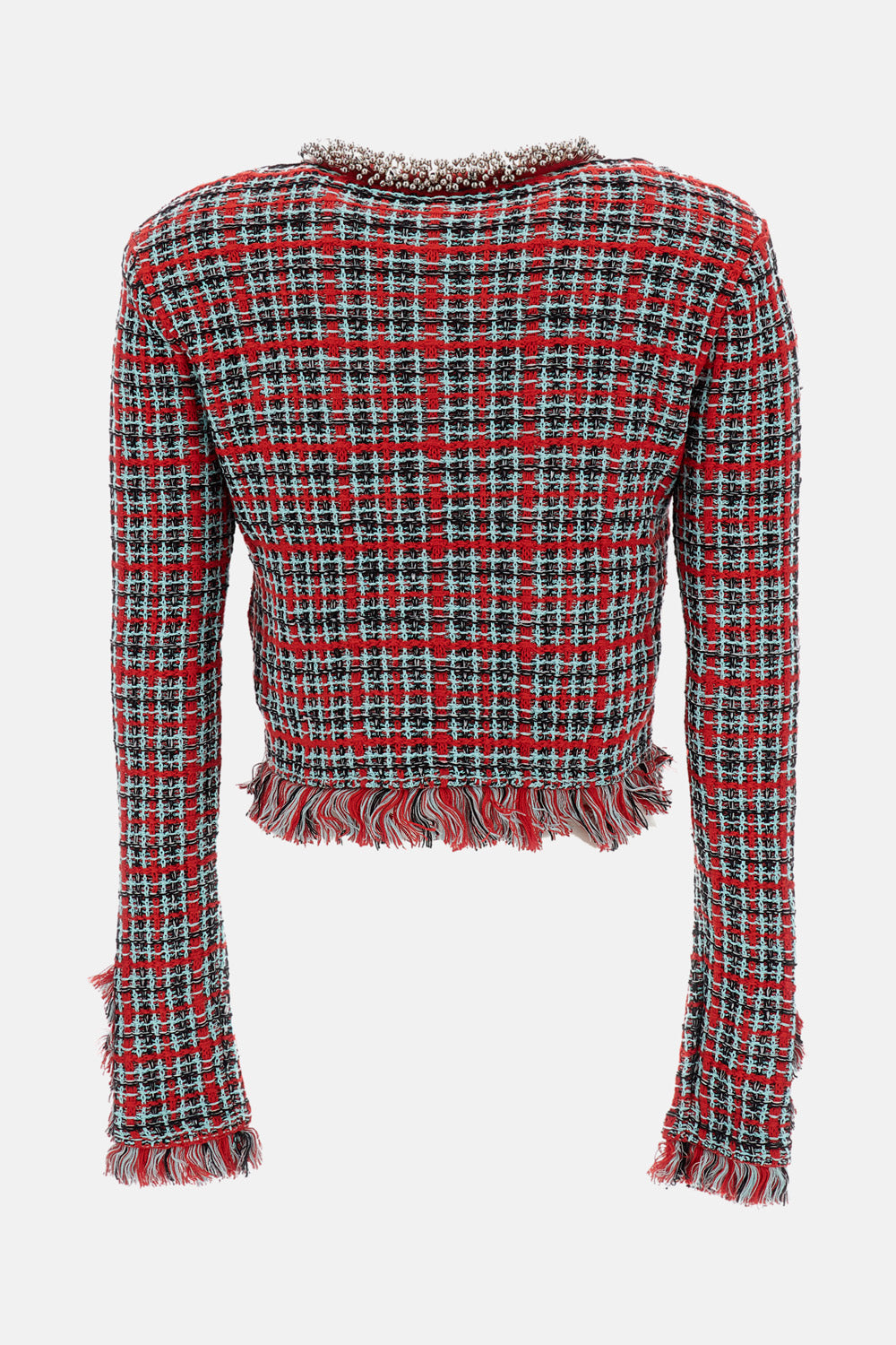 Self-Portrait Women Red Check Frayed Knit Jacket SELF-PORTRAIT