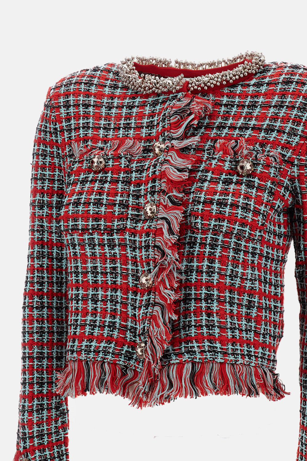 Self-Portrait Women Red Check Frayed Knit Jacket SELF-PORTRAIT