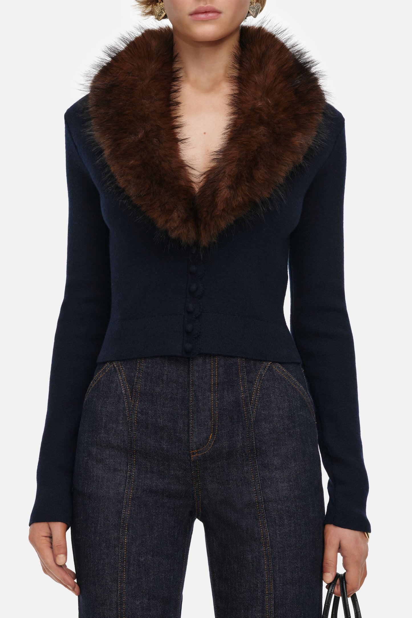 Self-Portrait Women Navy Faux Fur Knit Cardigan SELF-PORTRAIT