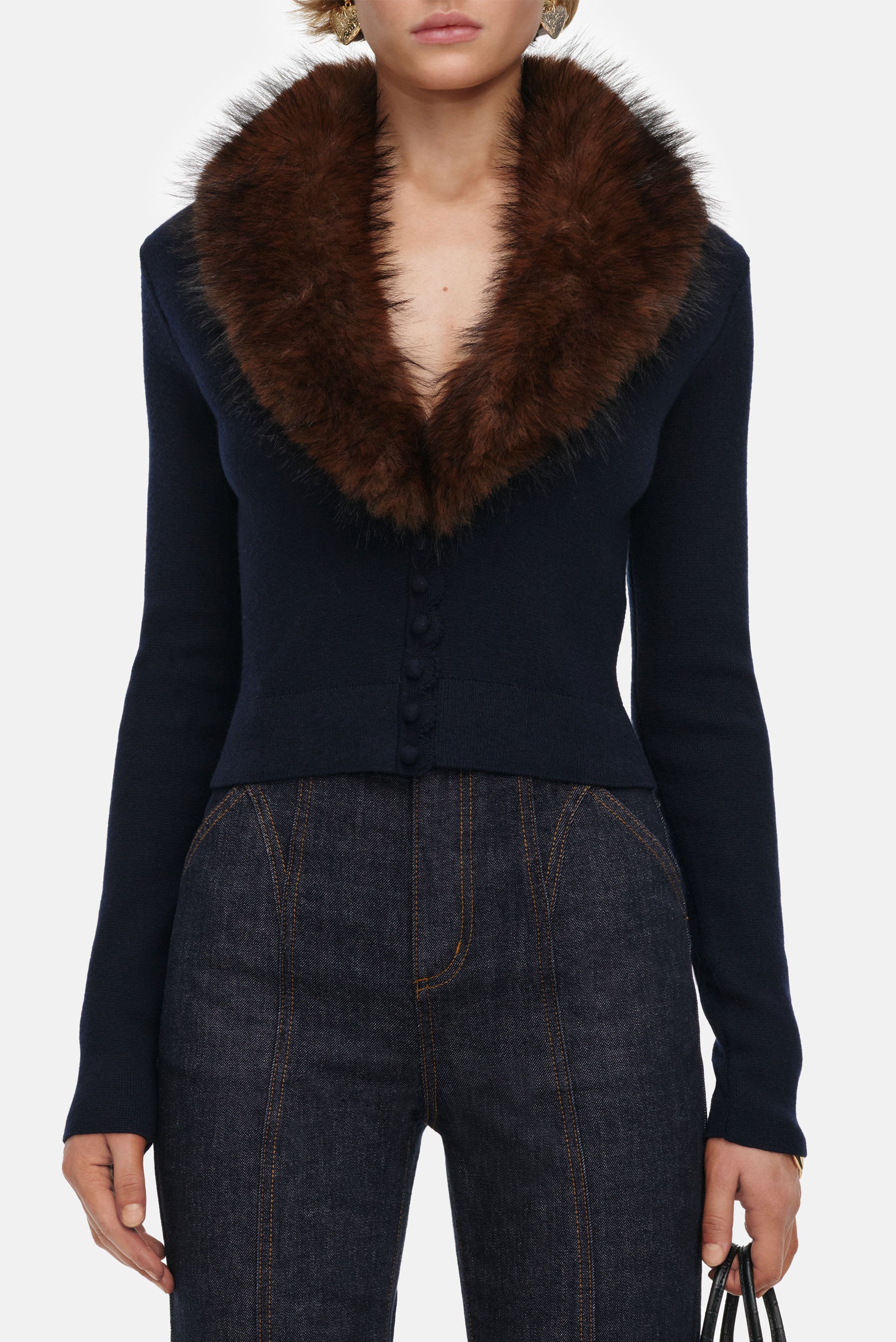 Self-Portrait Women Navy Faux Fur Knit Cardigan SELF-PORTRAIT