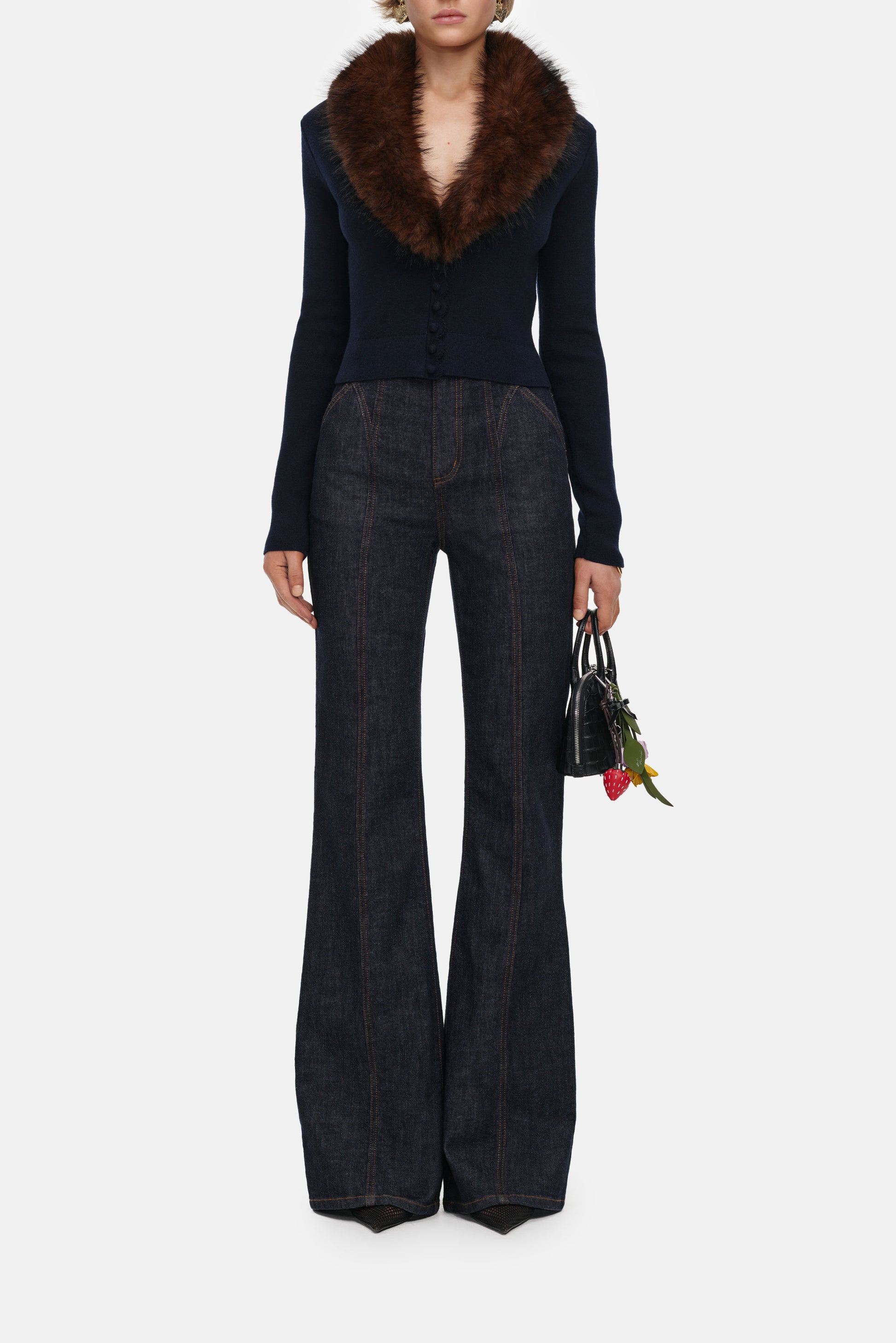 Self-Portrait Women Navy Faux Fur Knit Cardigan SELF-PORTRAIT