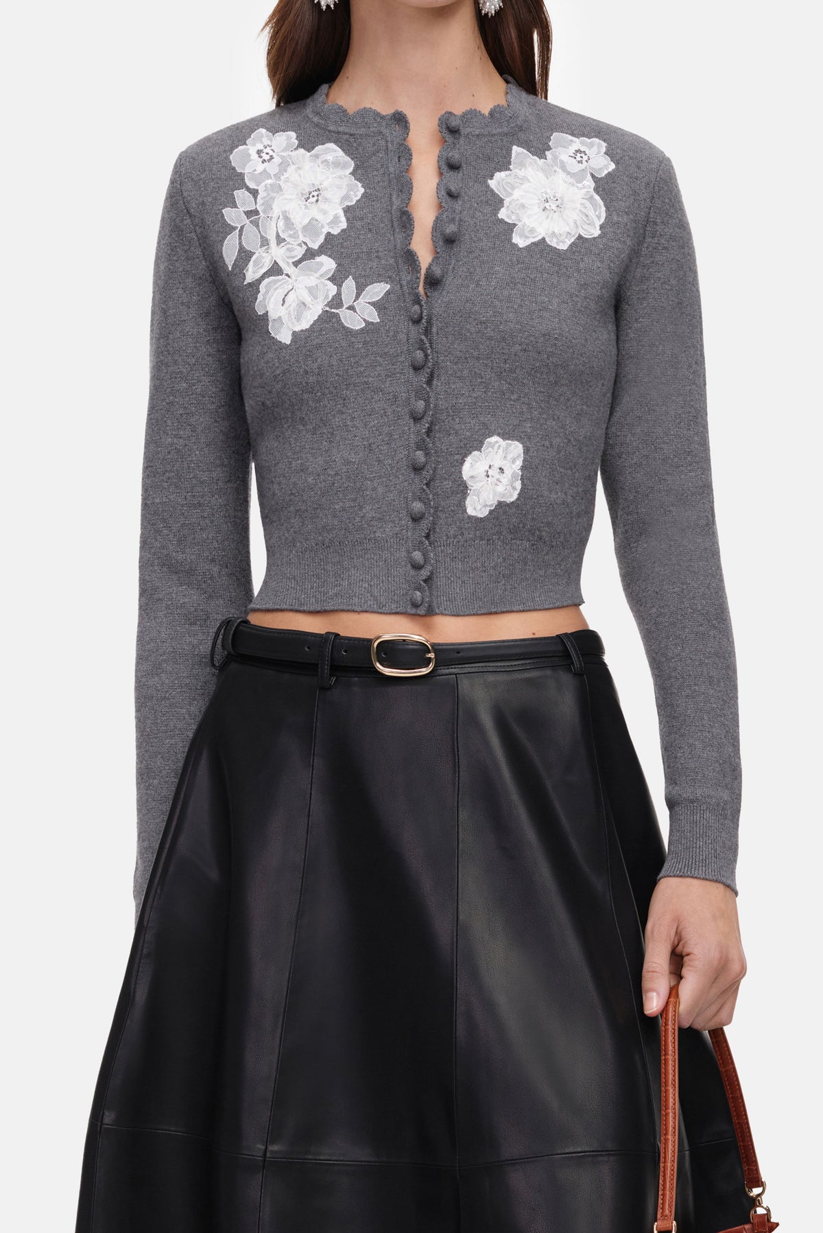 Self-Portrait Women Grey Lace Flower Knit Cardigan SELF-PORTRAIT