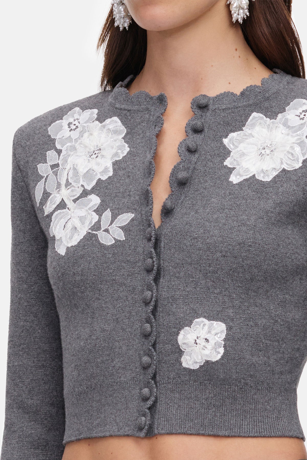 Self-Portrait Women Grey Lace Flower Knit Cardigan SELF-PORTRAIT