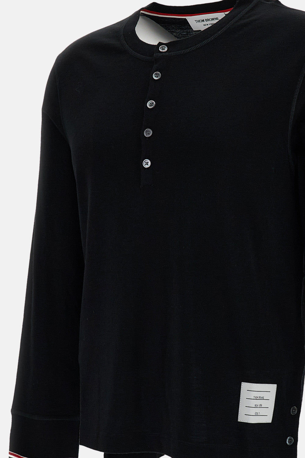 Thom Browne Men Ls Henley W/ Rwb Tipping Stripe In Wool Jersey THOM BROWNE