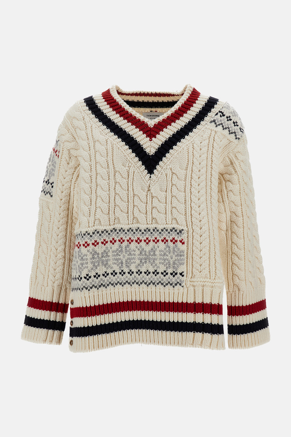 Thom Browne Men Patchwork Cable Fairisle V Neck Cricket Pullover In Merino Wool THOM BROWNE