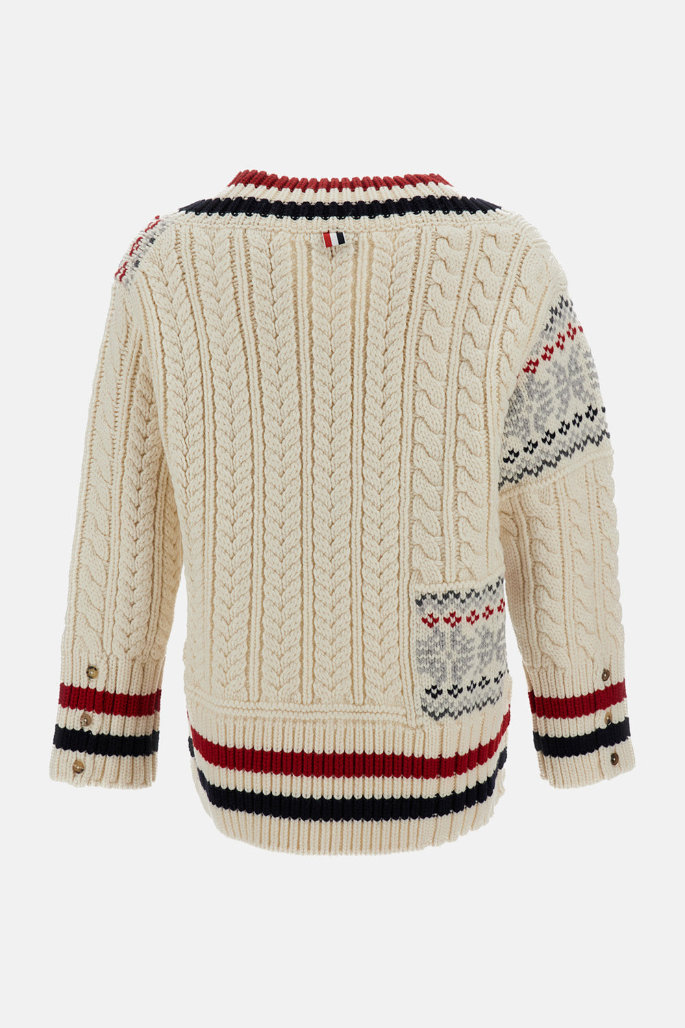 Thom Browne Men Patchwork Cable Fairisle V Neck Cricket Pullover In Merino Wool THOM BROWNE