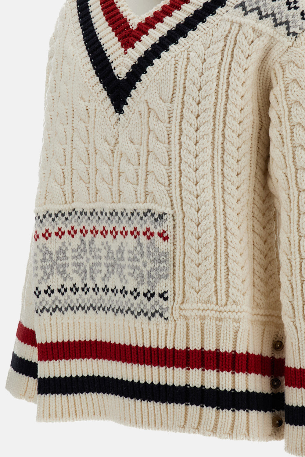 Thom Browne Men Patchwork Cable Fairisle V Neck Cricket Pullover In Merino Wool THOM BROWNE