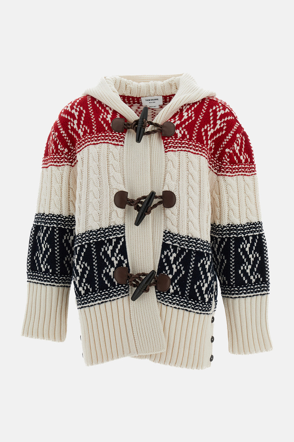 Thom Browne Men Cable Fairisle Float Jacquard Hoodie Duffle Jacket In Chunky Cashmere THOM BROWNE