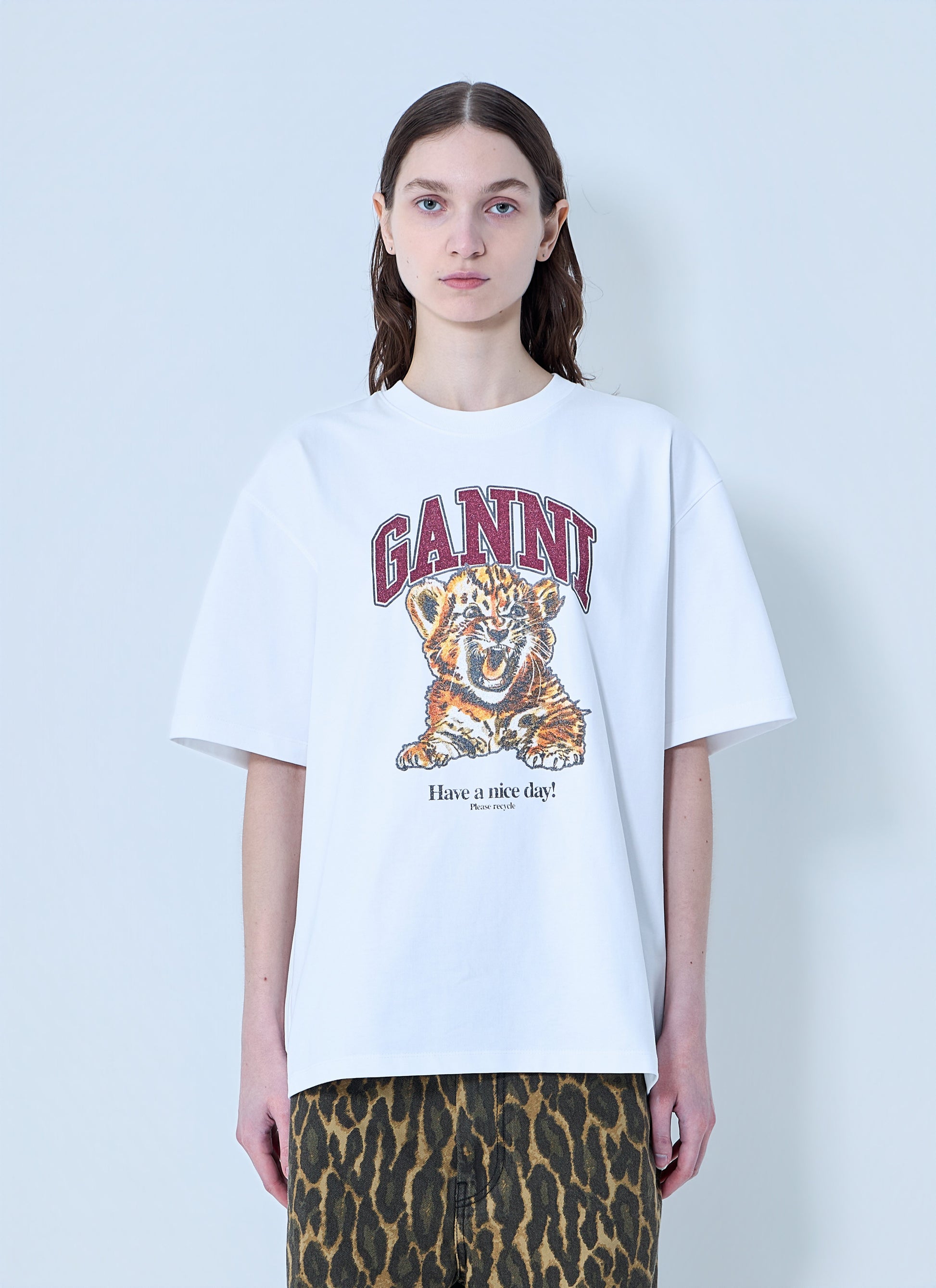 Ganni Women Heavy Cotton Beaded Baby Tiger Print T-Shirt GANNI
