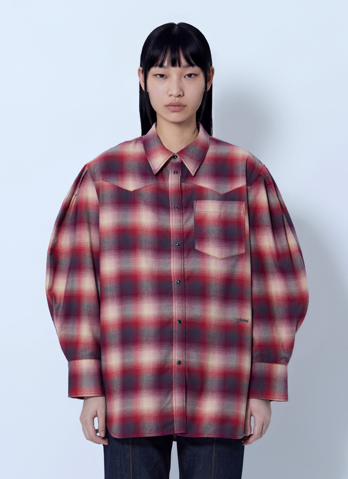 Ganni Women Cotton Flannel Check Pleated Sleeve Shirt GANNI