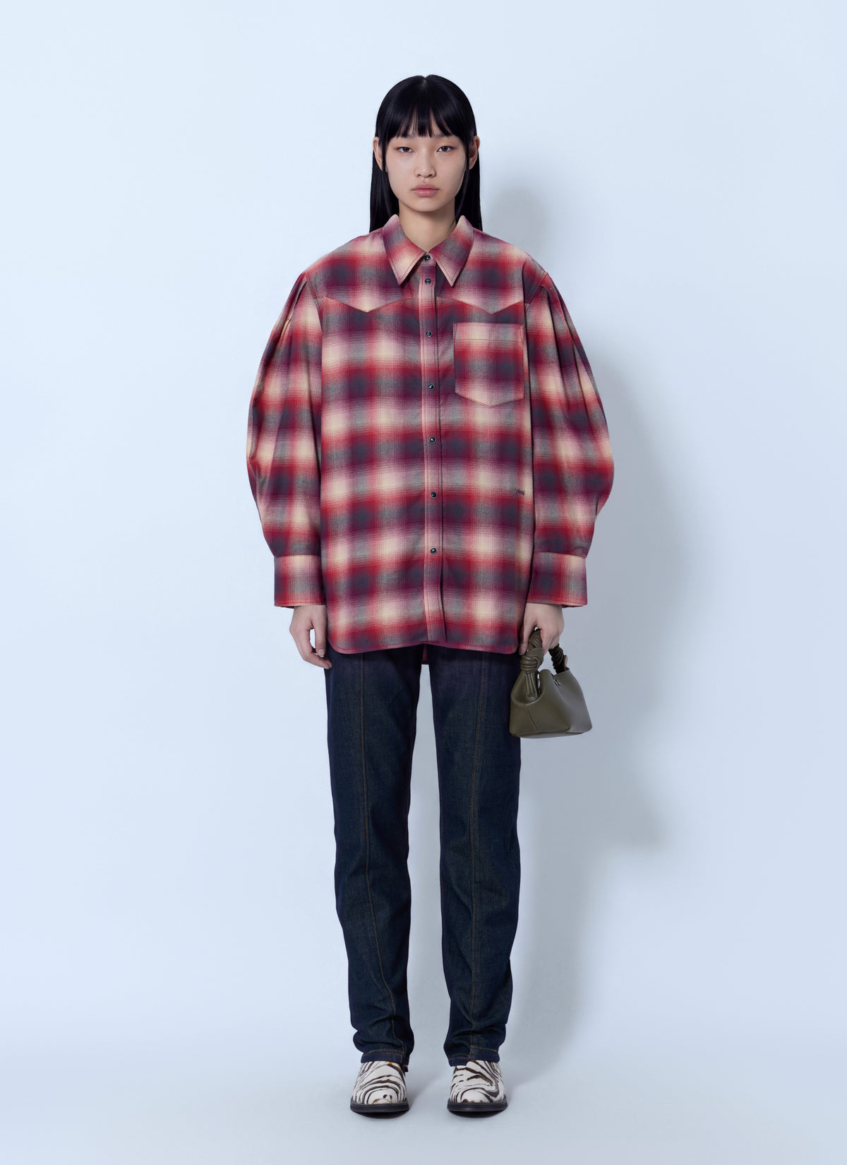 Ganni Women Cotton Flannel Check Pleated Sleeve Shirt GANNI