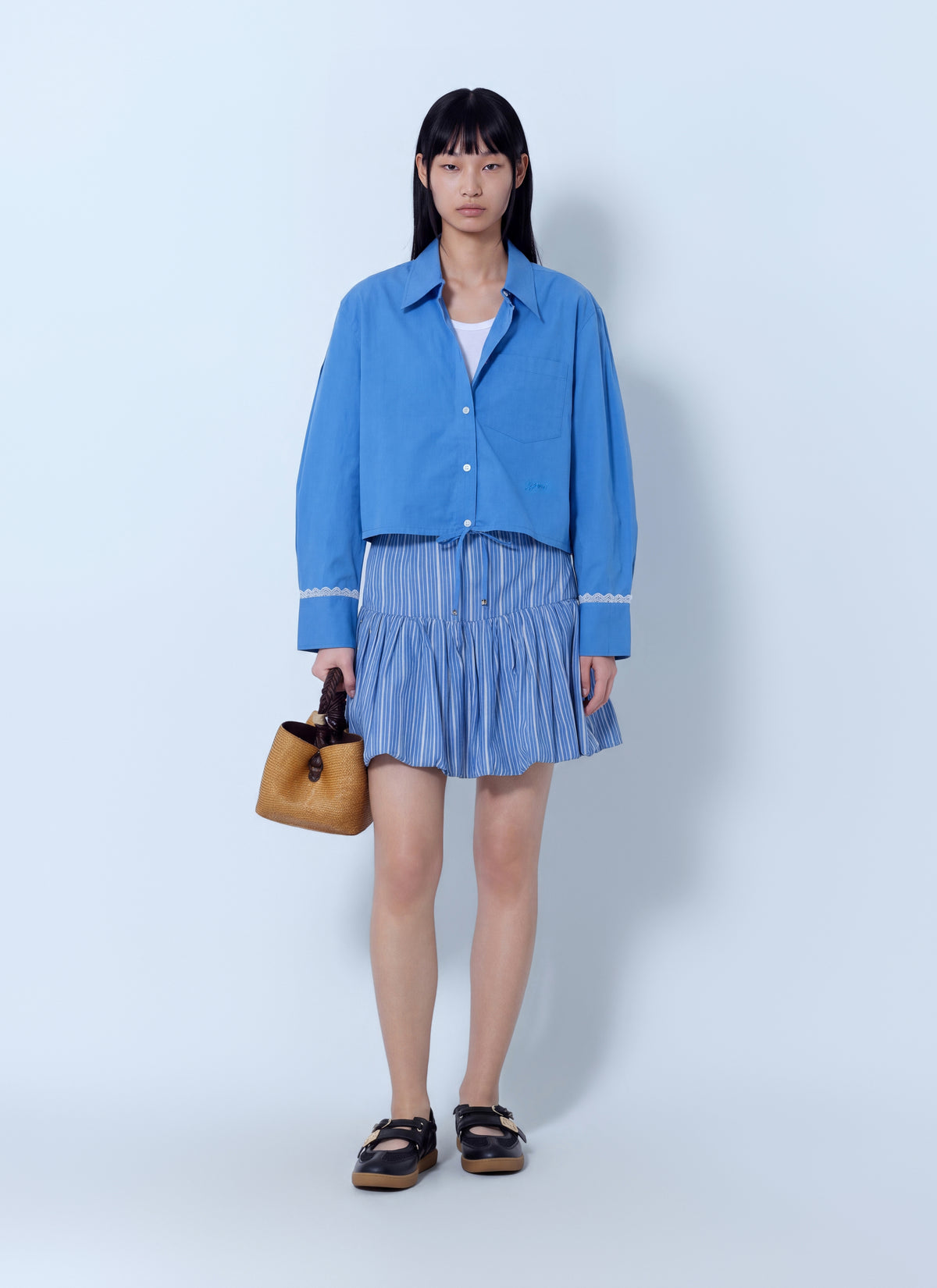 Ganni Women Stretch Cotton Cropped Bowling Shirt GANNI