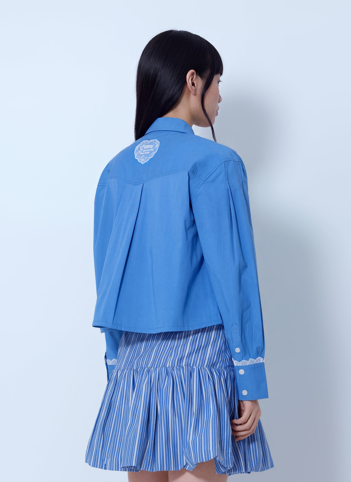 Ganni Women Stretch Cotton Cropped Bowling Shirt GANNI