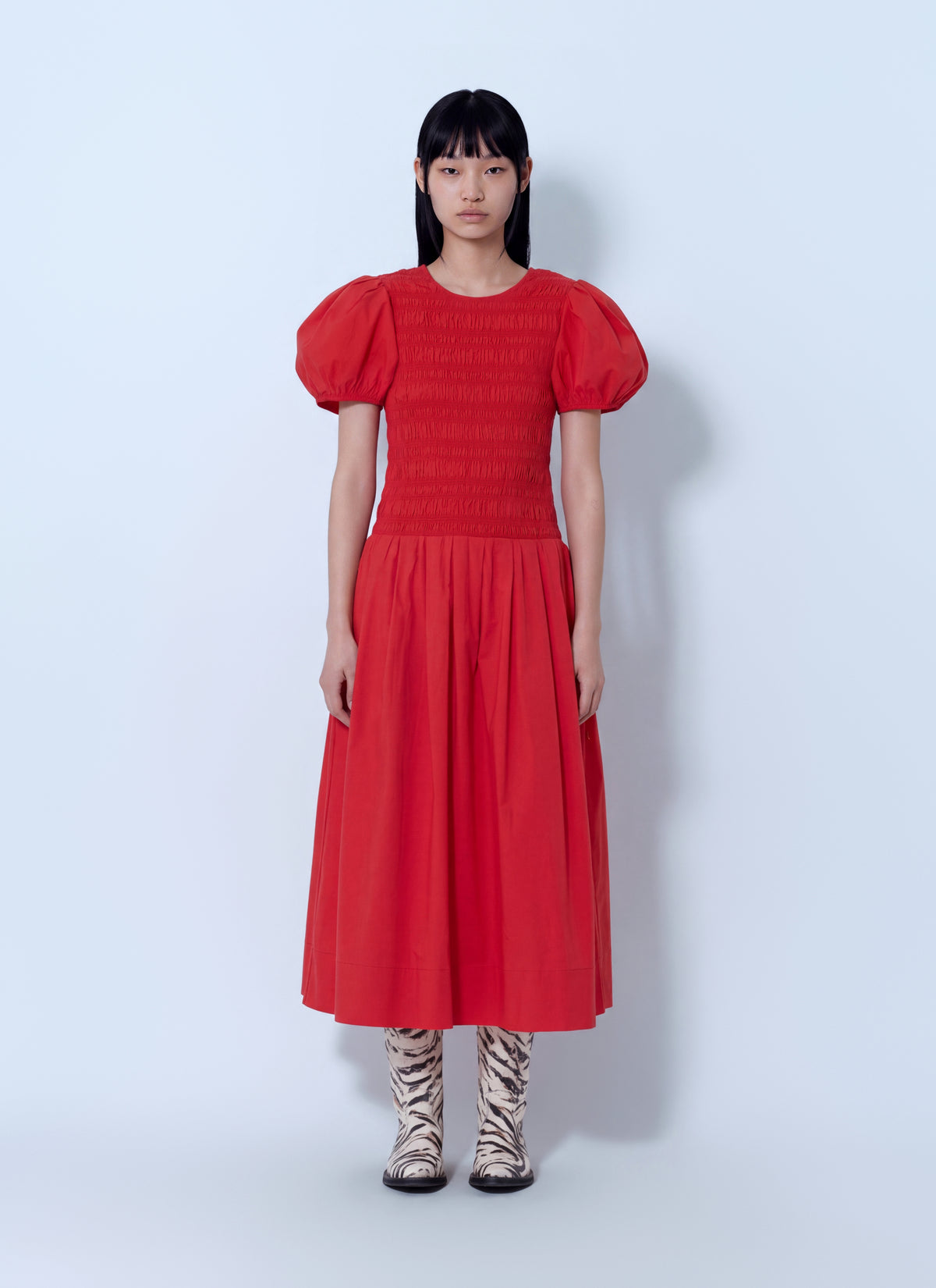 Ganni Women Stretch Cotton Long Smocked Pleated Dress GANNI
