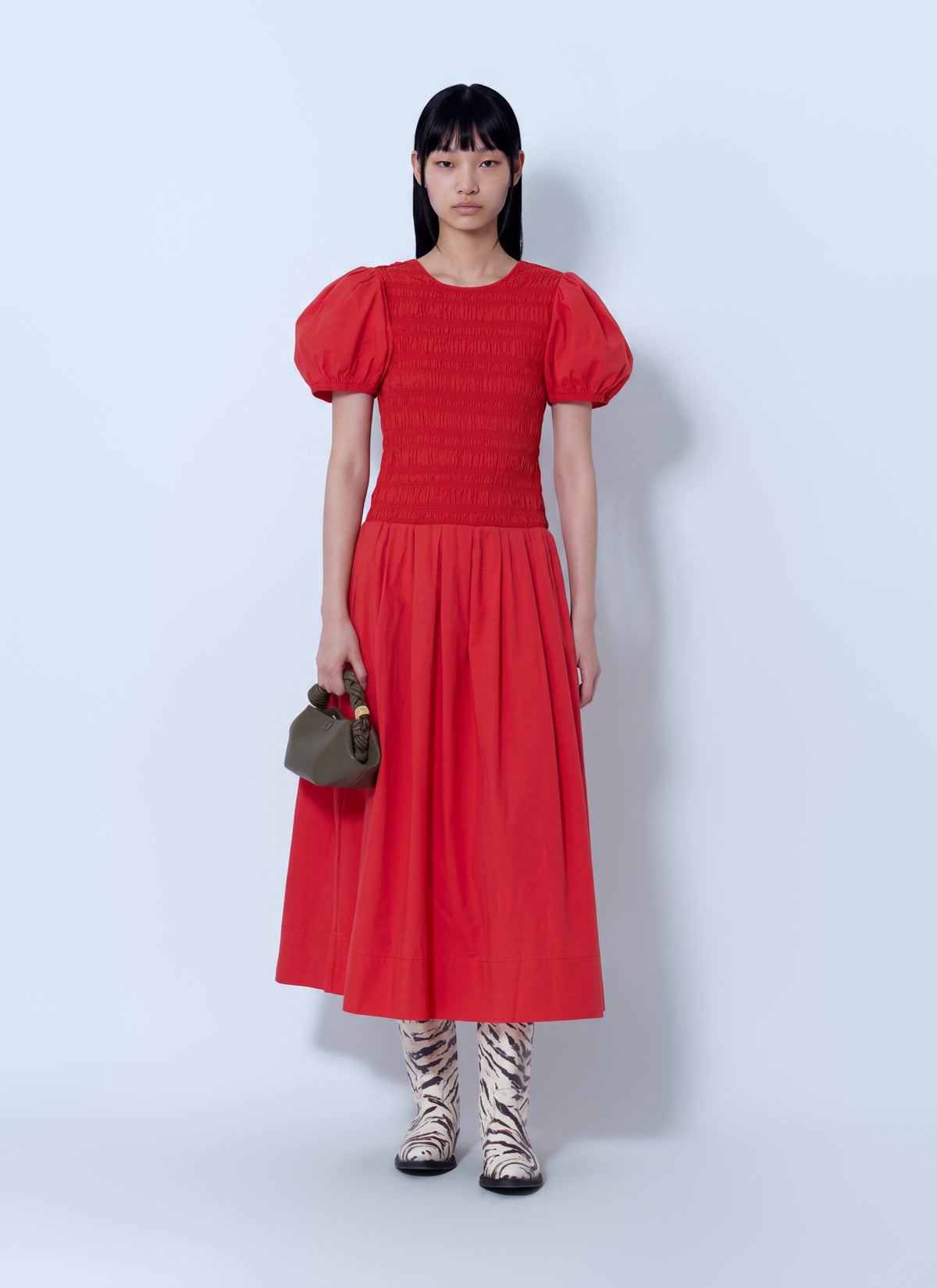 Ganni Women Stretch Cotton Long Smocked Pleated Dress GANNI