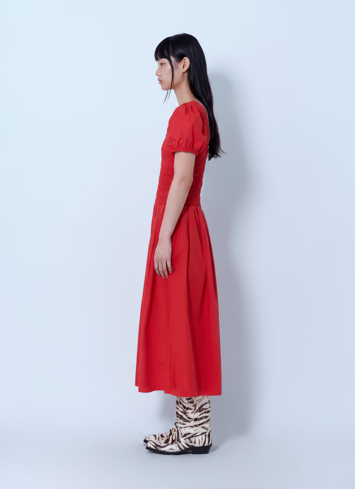 Ganni Women Stretch Cotton Long Smocked Pleated Dress GANNI