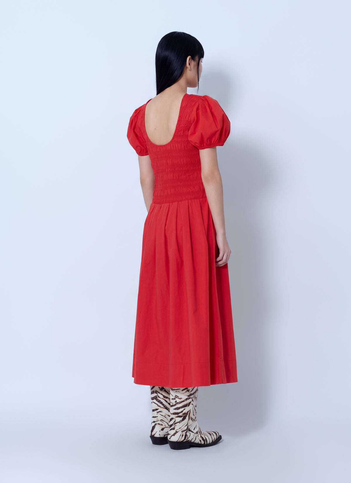 Ganni Women Stretch Cotton Long Smocked Pleated Dress GANNI