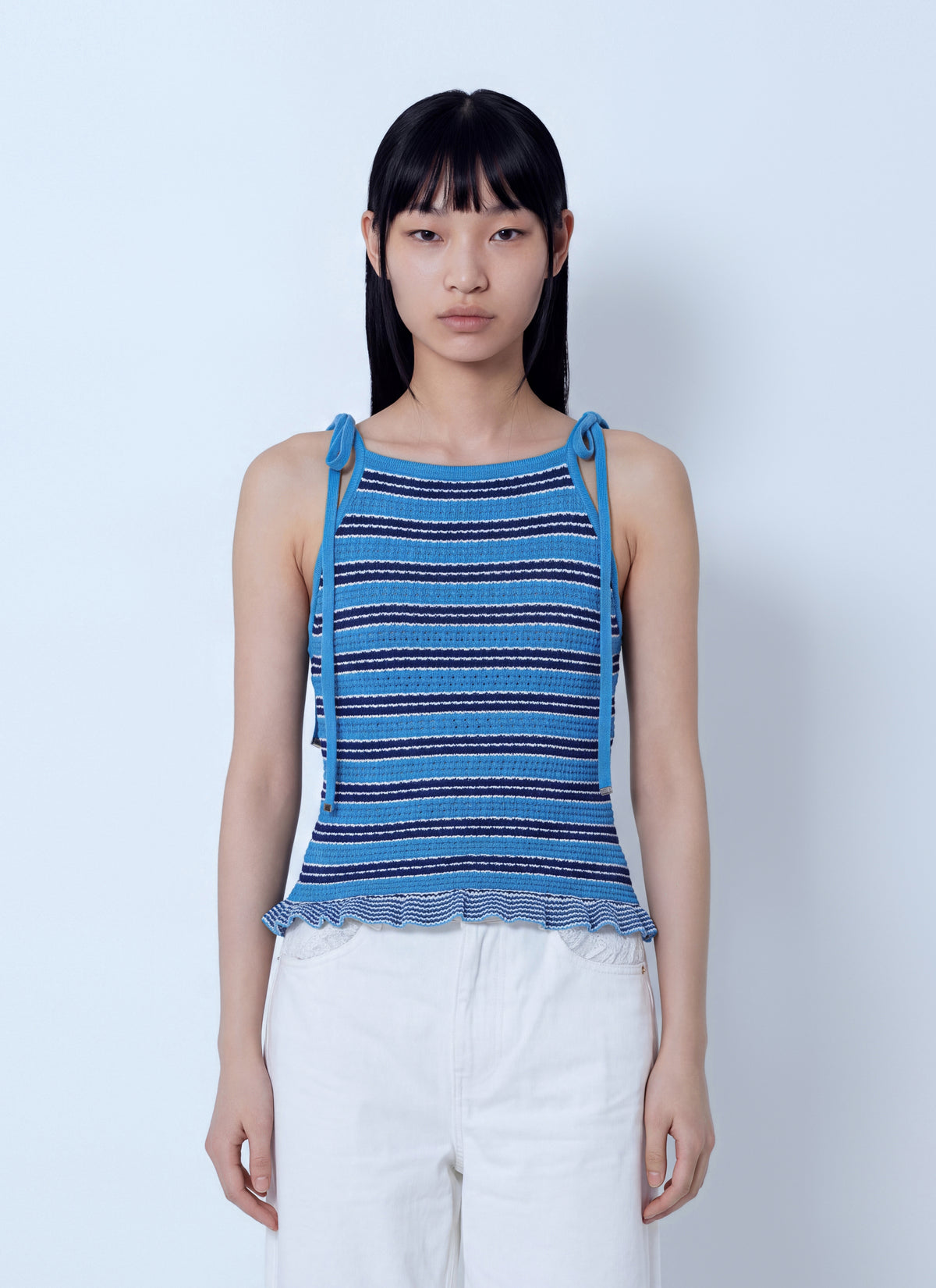 Ganni Women Cotton Pointelle Stripe Top GANNI