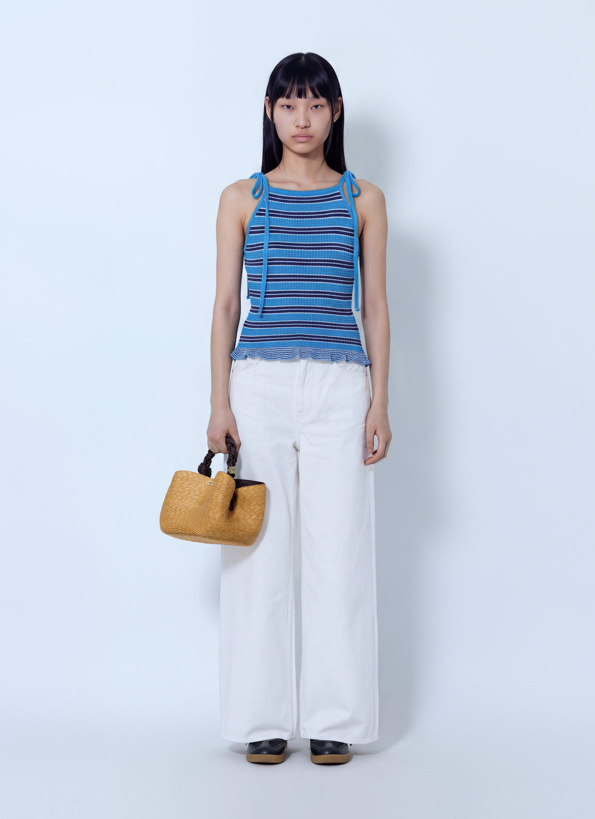 Ganni Women Cotton Pointelle Stripe Top GANNI