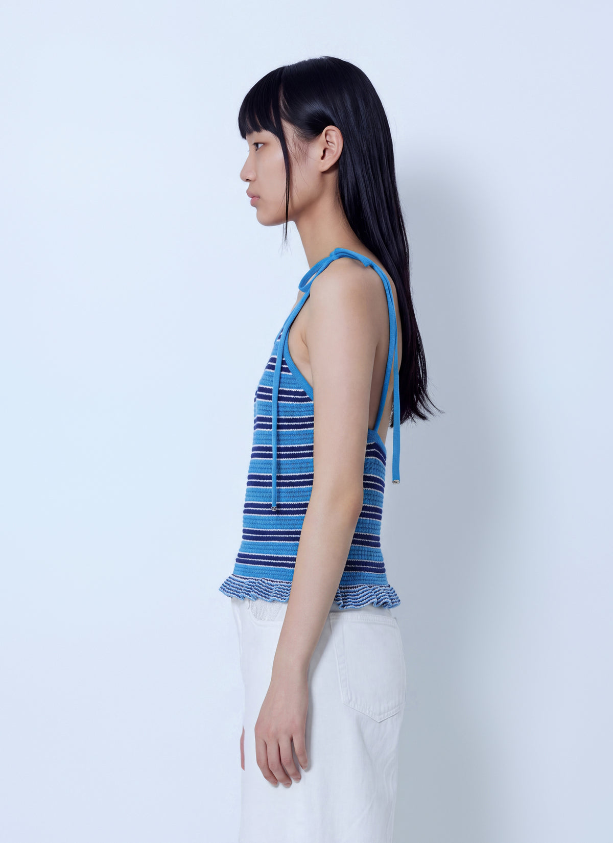 Ganni Women Cotton Pointelle Stripe Top GANNI