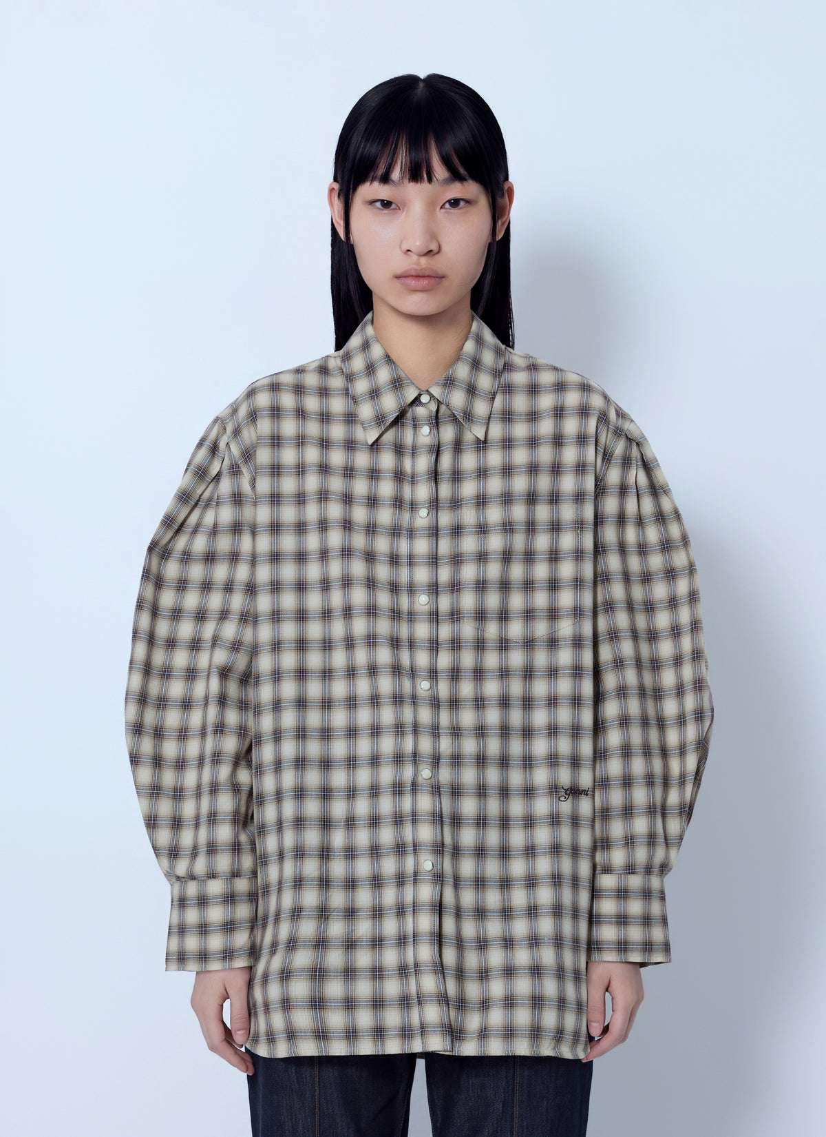 Ganni Women Light Check Flannel Pleated Sleeve Shirt GANNI