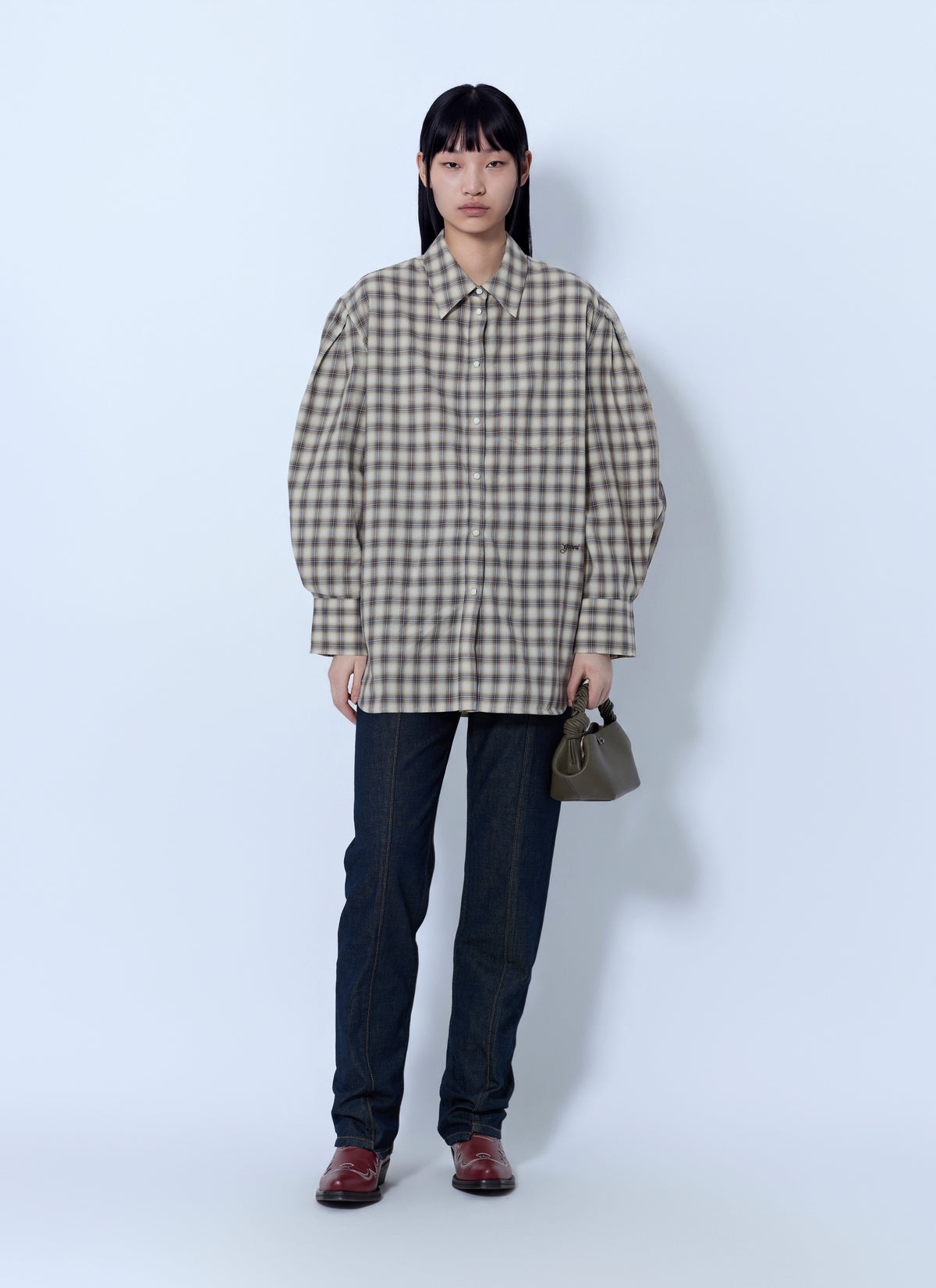 Ganni Women Light Check Flannel Pleated Sleeve Shirt GANNI