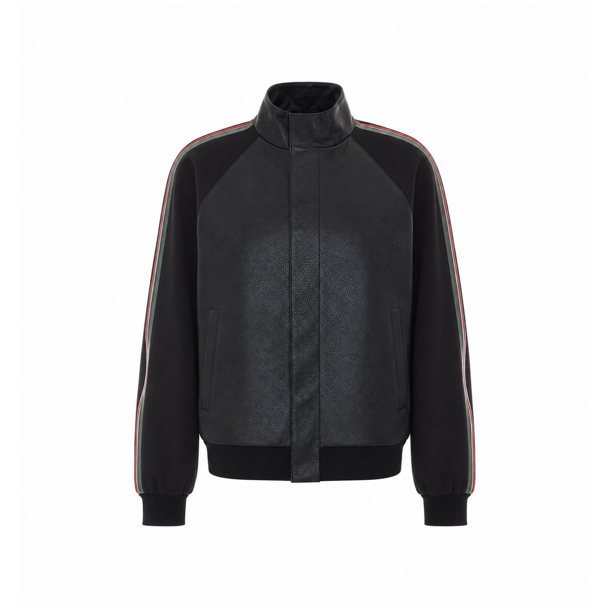Gucci Men Grany Leather With Web Bomber Jacket GUCCI
