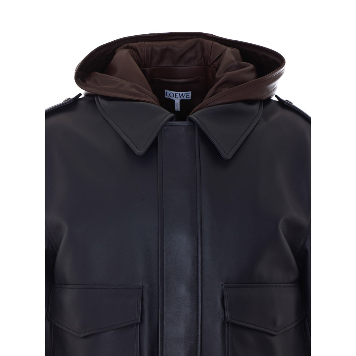 Loewe Men Hooded Leather Jacket With Anagram Patch On Hood LOEWE