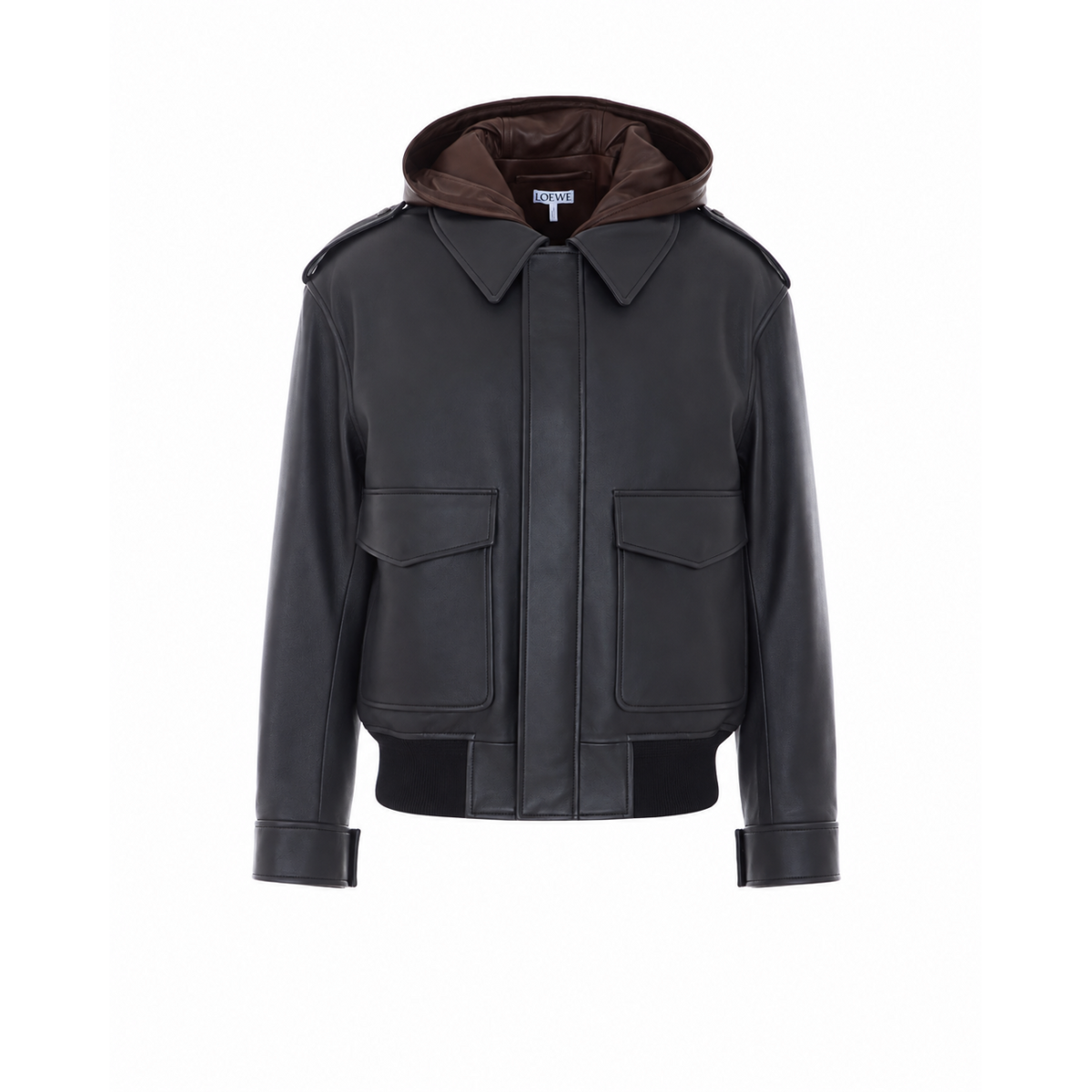 Loewe Men Hooded Leather Jacket With Anagram Patch On Hood LOEWE
