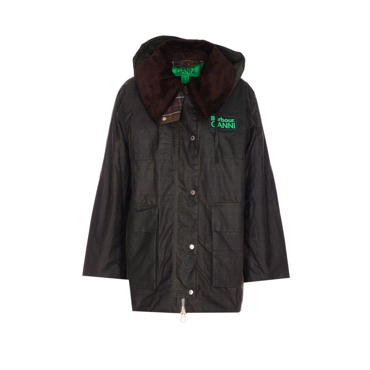 Barbour X Ganni Women Hooded Tartan Duffle Wax Jacket BARBOUR X GANNI