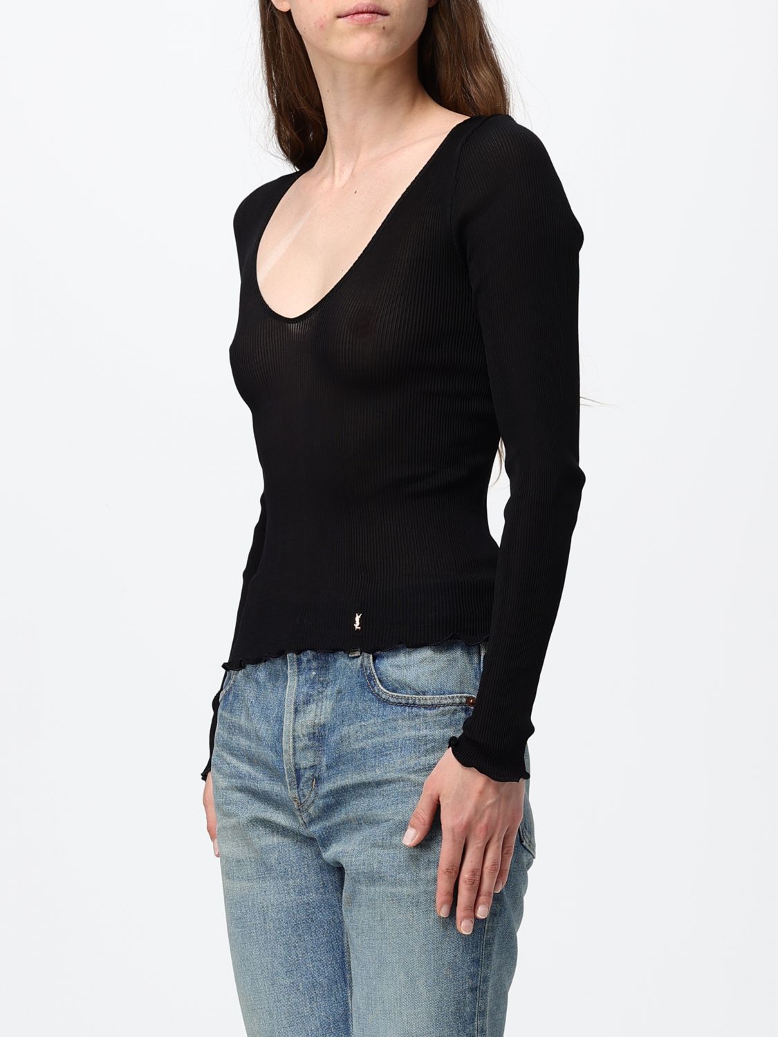 Saint Laurent Women Saint Laurent Slim Fit V-Neck Silk Jumper With Wavy Hem SAINT LAURENT