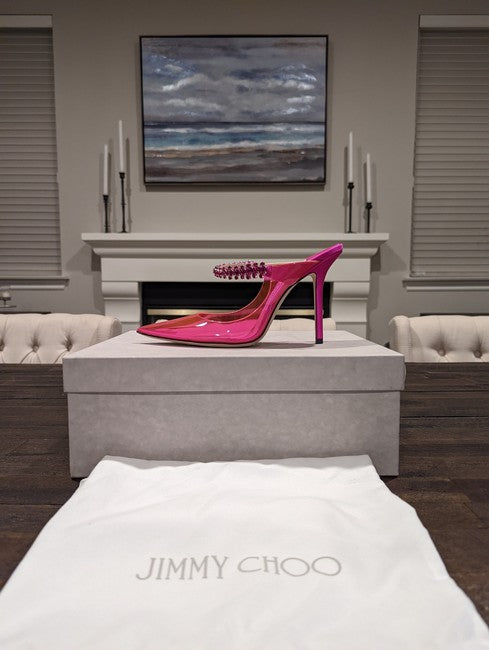 Jimmy Choo Women Fuchsia Bing 100 Neon Pvc And Crystal-Embellished Satin Mules/Slides