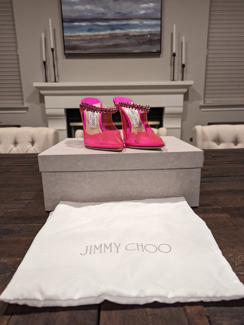 Jimmy Choo Women Fuchsia Bing 100 Neon Pvc And Crystal-Embellished Satin Mules/Slides