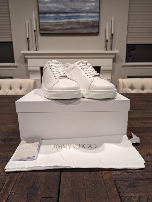 Jimmy Choo Women White Rome Metallic-Trimmed Leather Sneakers