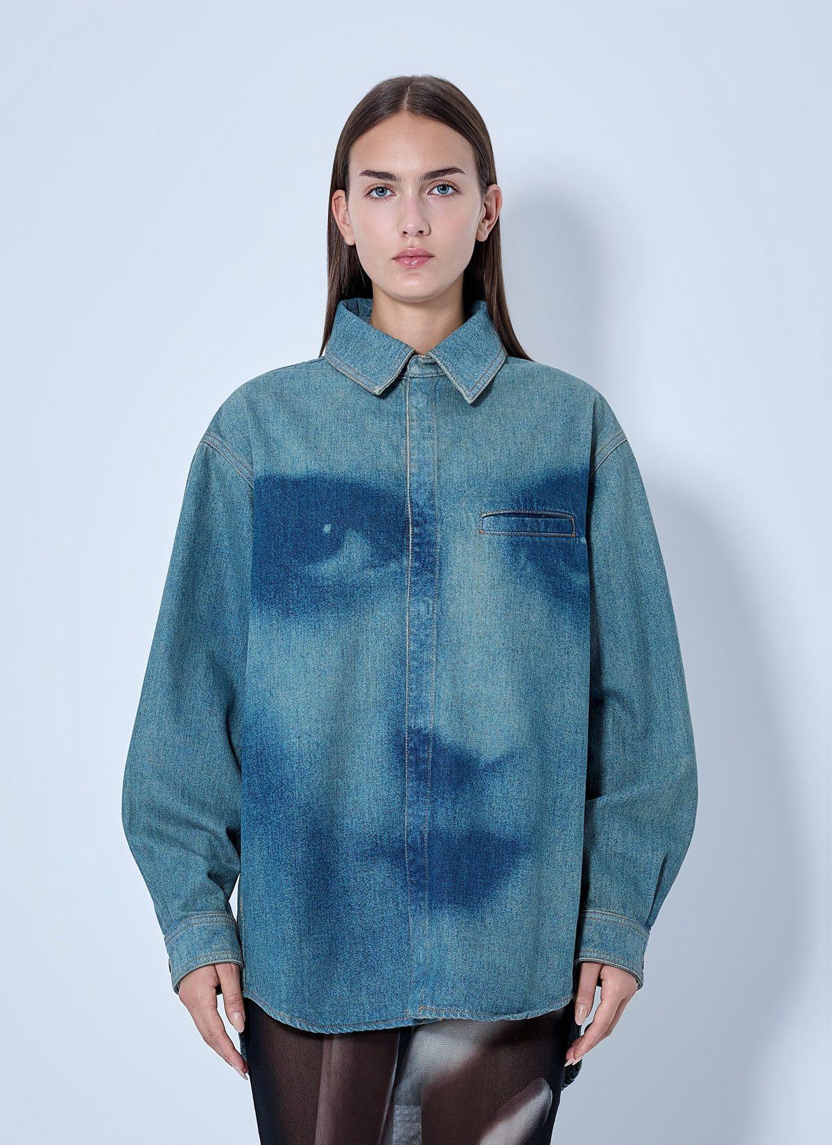Jean Paul Gaultier Women Face Print Oversized Denim Shirt JEAN PAUL GAULTIER