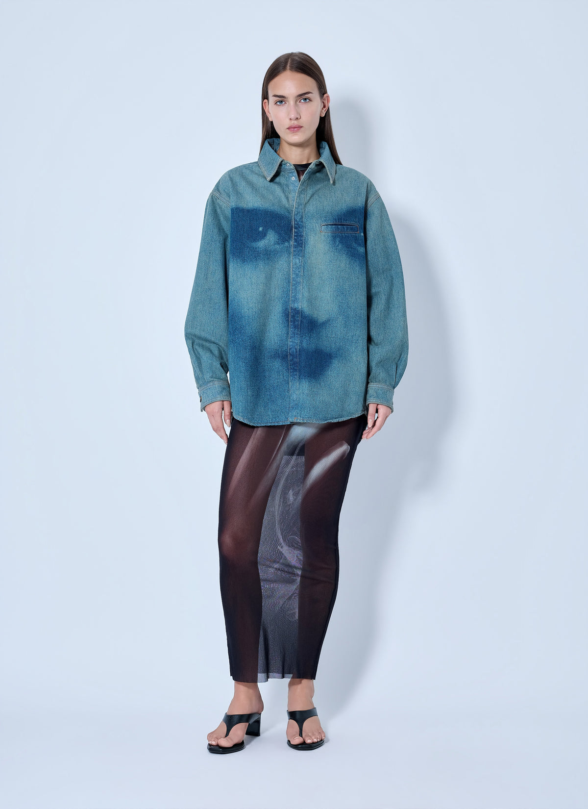 Jean Paul Gaultier Women Face Print Oversized Denim Shirt JEAN PAUL GAULTIER