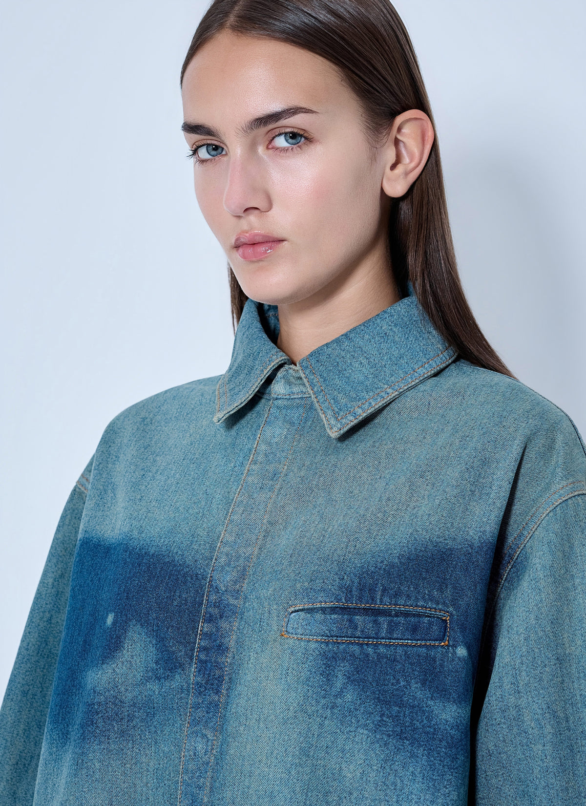 Jean Paul Gaultier Women Face Print Oversized Denim Shirt JEAN PAUL GAULTIER