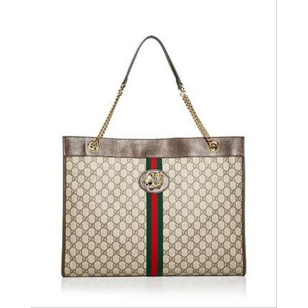 Gucci Women Bag Gg Supreme Monogram Large Rajah Chain Handbag Brown Leather Tote