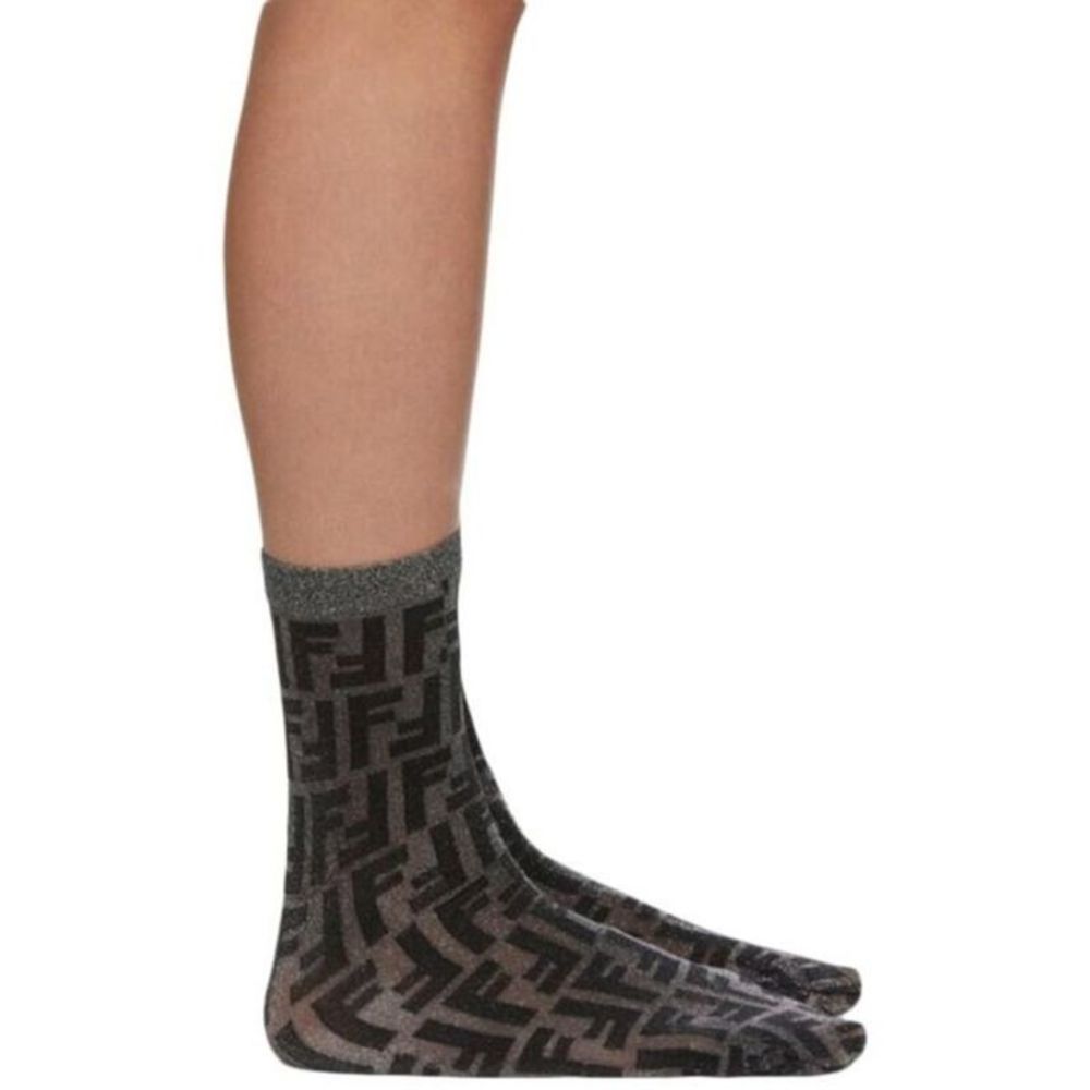 Fendi Women Black Ff Logo Short Lurex Socks