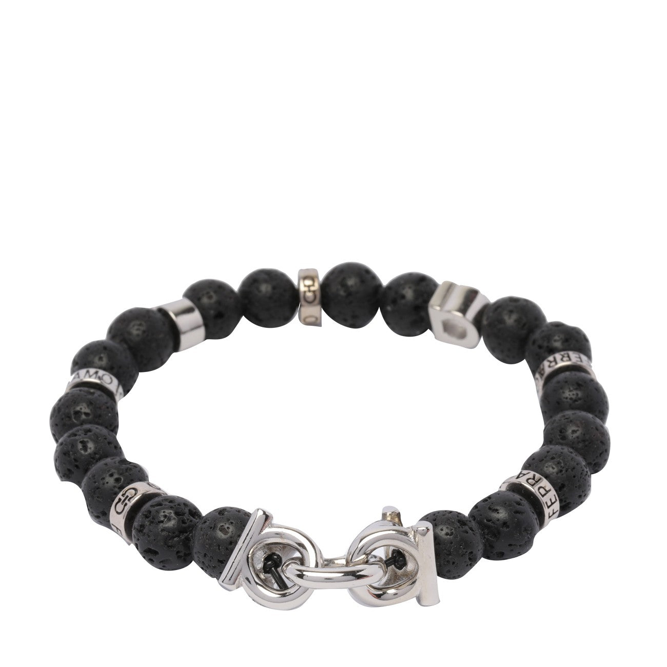 Ferragamo Men Lava Stone Beaded Bracelet With Logo FERRAGAMO