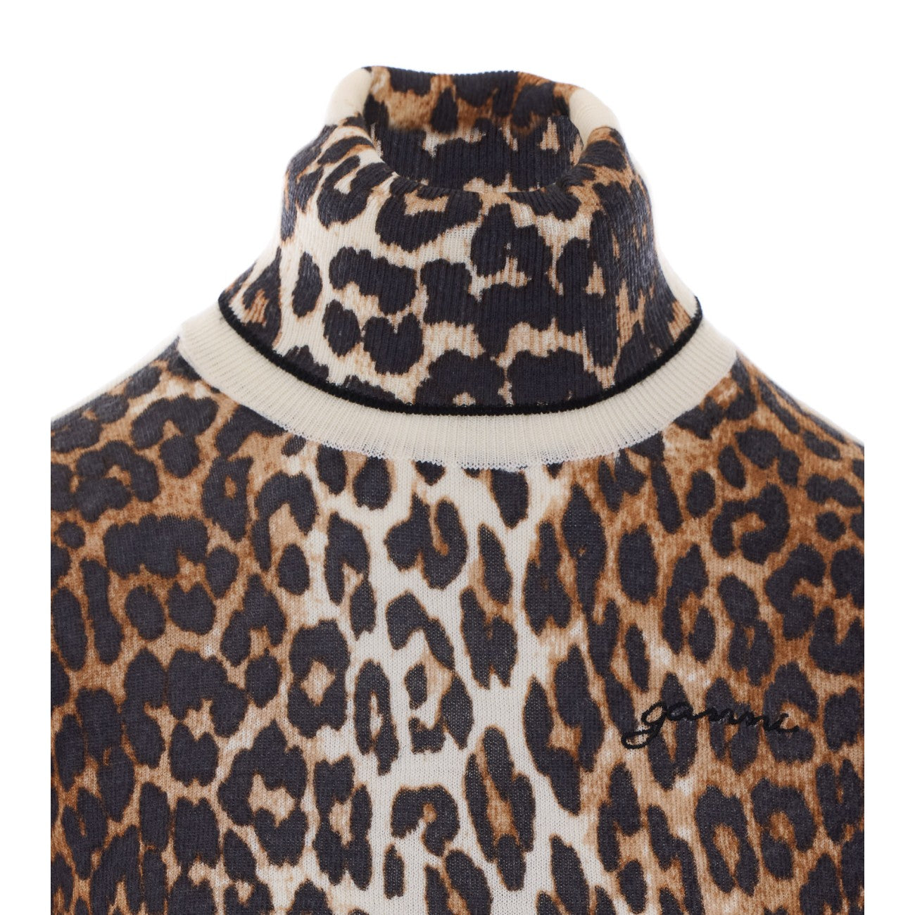 Ganni Women Leopard Print Turtleneck Sweater With Logo GANNI