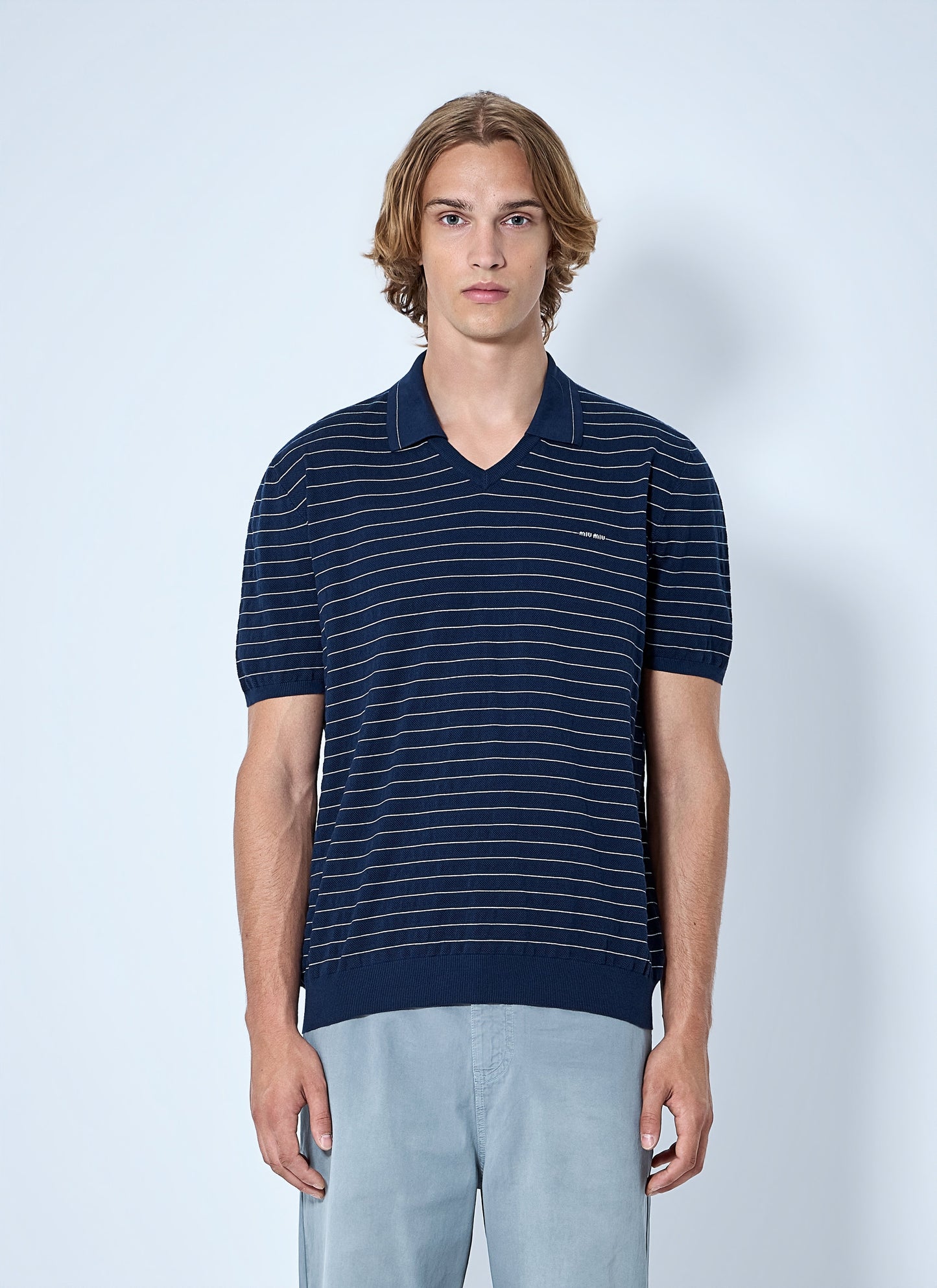 Miu Miu Men Striped V-Neck Polo Shirt