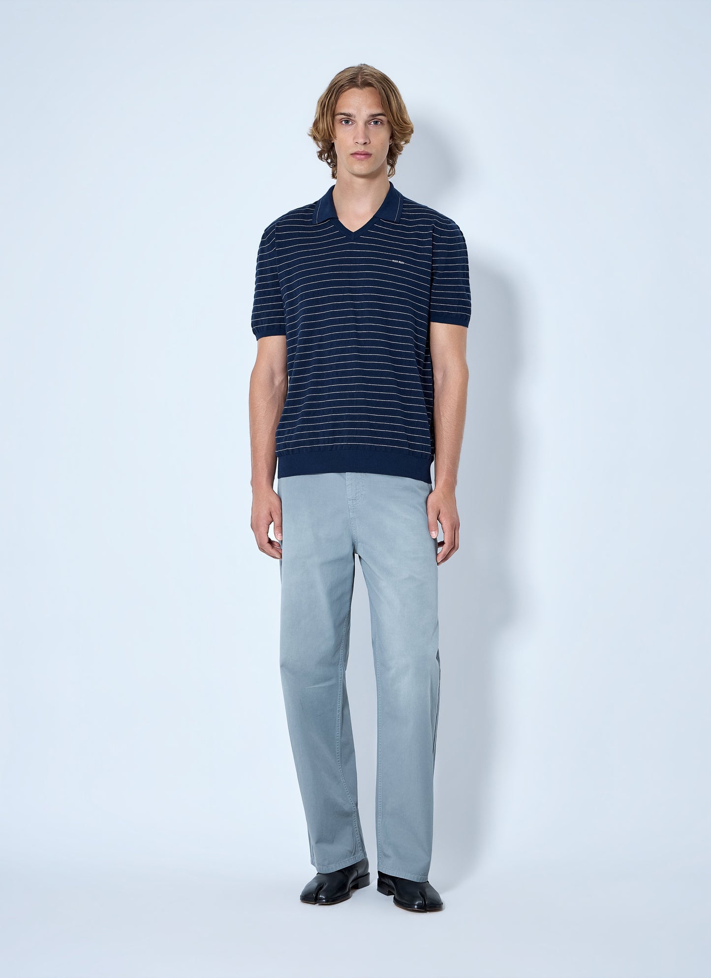 Miu Miu Men Striped V-Neck Polo Shirt