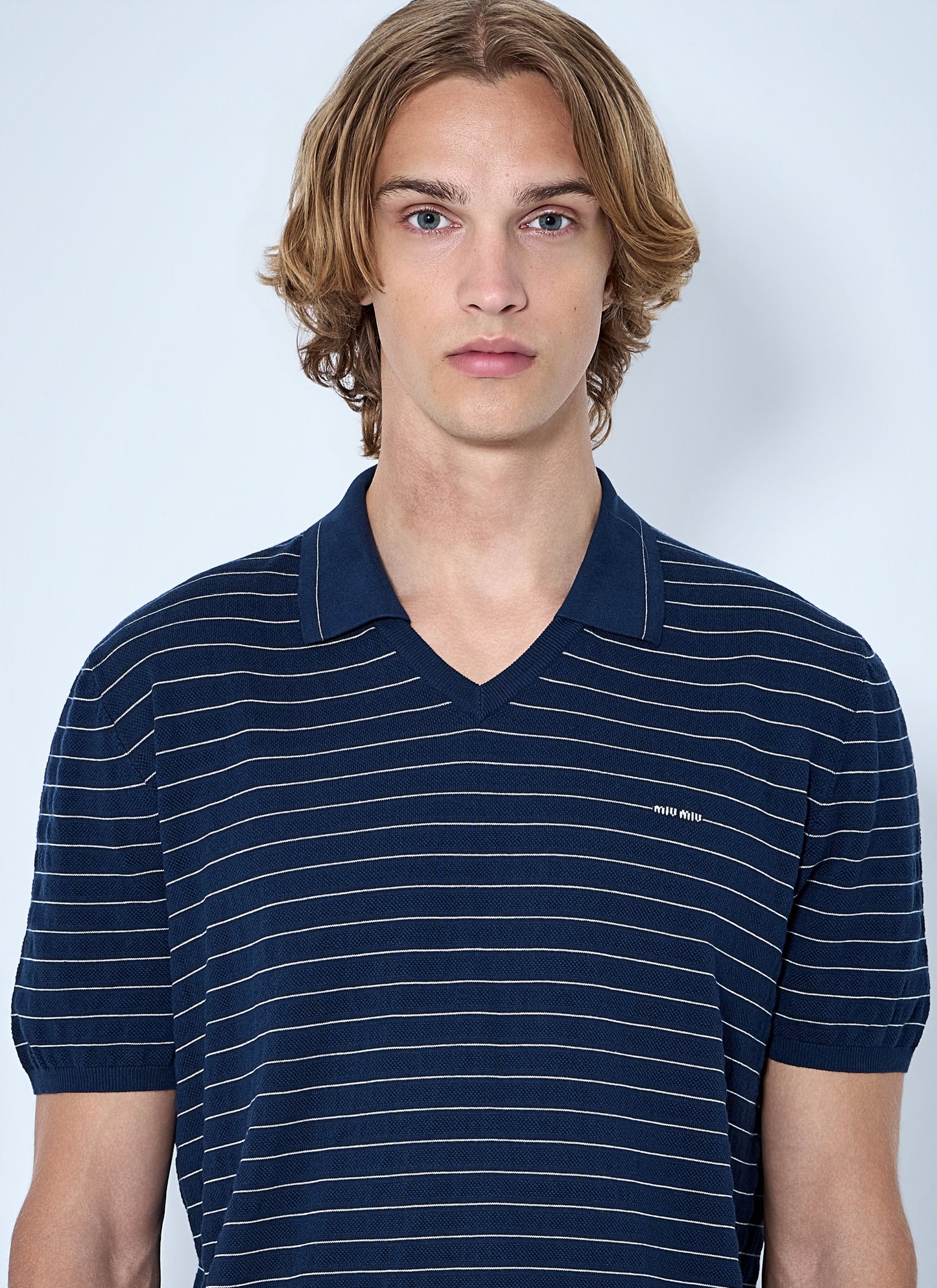 Miu Miu Men Striped V-Neck Polo Shirt