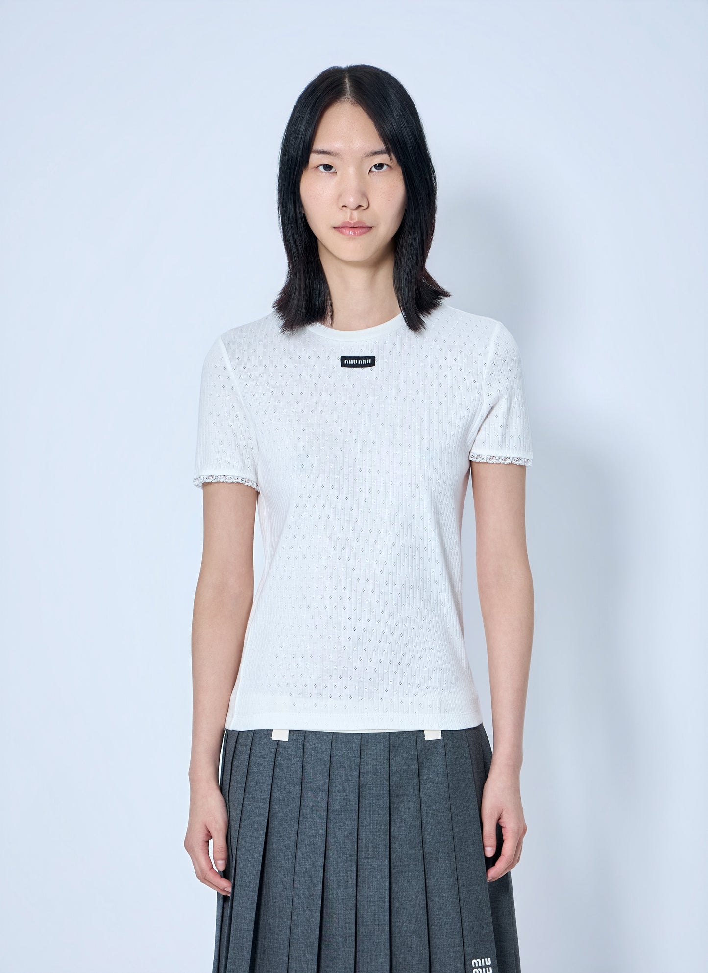 Miu Miu Women Lace-Trim Logo-Patch T-Shirt MIU MIU